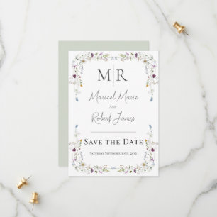 Moderne Wildblumen-Monogramm Grüne Hochzeit Save The Date
