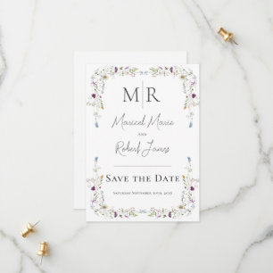 Moderne Wildblumen-Monogramm Weiße Hochzeit Save The Date