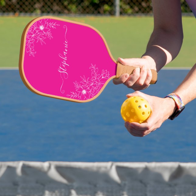 Moderne Wildblumen-Rosa-Script-Name Elegante Flora Pickleball Schläger (InSitu)
