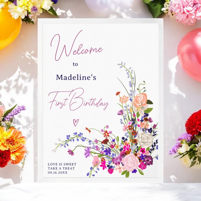 Moderne Wildblumen schreiben 1. Geburtstag Poster (Modern wildflowers script 1st birthday welcome poster)