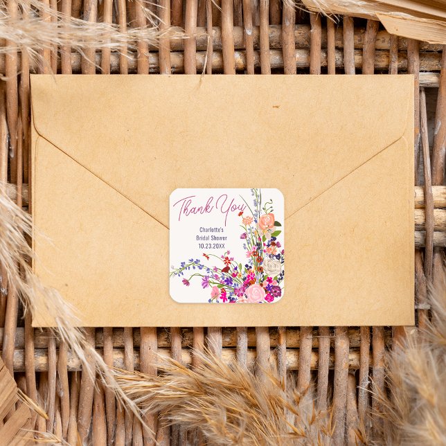 Moderne wilde Blume danke Ihnen Brautparty Quadratischer Aufkleber (Modern wild flowers thank you bridal shower square sticker)