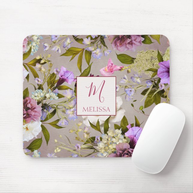 Moderne Wilde Blume in Lila | Monogramm-Geschenk Mousepad (Mit Mouse)