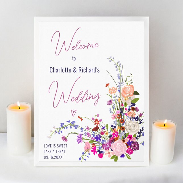 Moderne wilde Blume schreiben Hochzeitsempfang Poster (Modern wild flowers script wedding welcome poster)