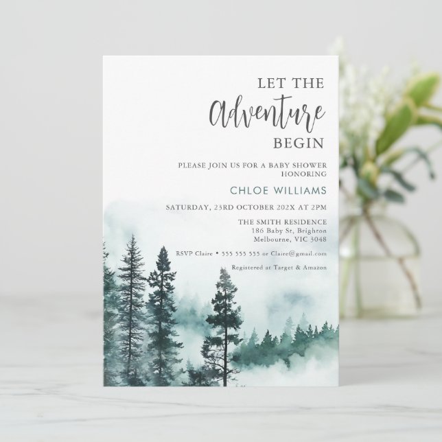 Moderne Wildnis Lass Adventure Begin Baby Shower Einladung (Stehend Vorderseite)