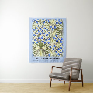 Moderne William Morris Blue Floral Blätter Wandteppich