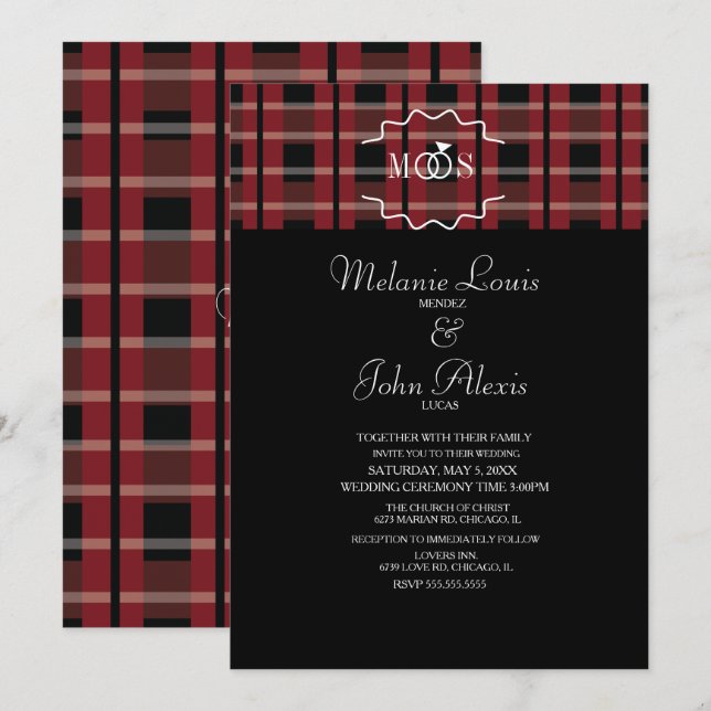 Moderne Wine Flannel Tartan Kariert Ring Logo Hoch Einladung (Vorne/Hinten)