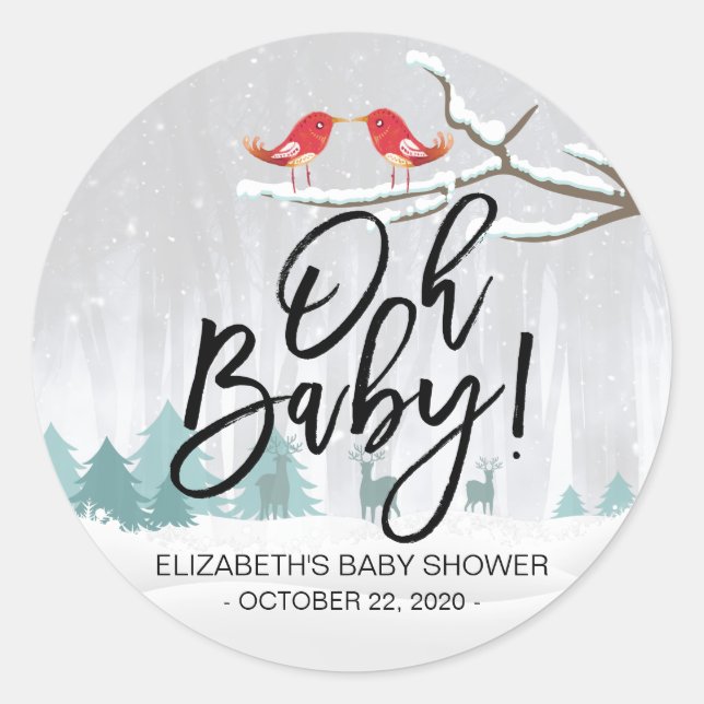 Moderne Winter Baby Duschbrause Bird Rentier Runder Aufkleber (Vorderseite)