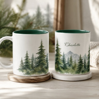 Moderne Winter-Kiefer mit individuellem Namen Zweifarbige Tasse
