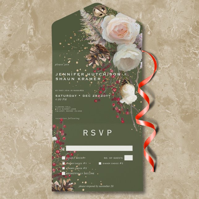 Moderne Winter-Rose und Red Berries Green Dinner All In One Einladung (Modern Winter Roses & Red Berries Green Dinner All In One Invitation)