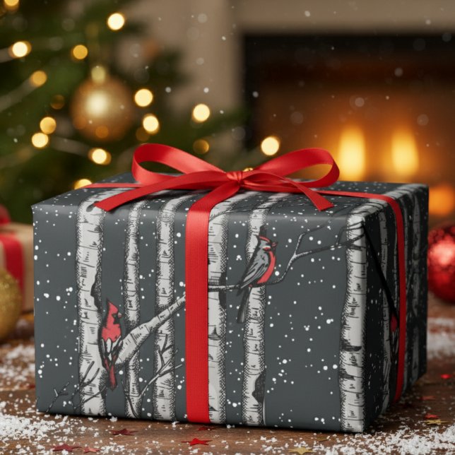 Moderne Winter-Schwarze Kardinal-Verschneite Birke Geschenkpapier (Modern Black and White Winter Cardinal Birds in Snow Birch Trees. Elegant Festive Nature Gift Wrap)