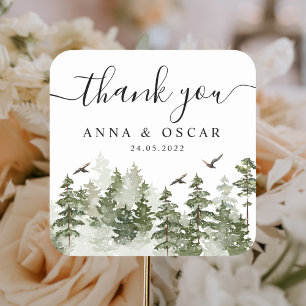 Moderne Winter-Wasserfarbe Grüner Wald Mit Schnee Quadratischer Aufkleber