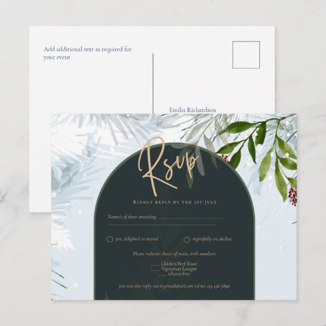 Moderne Winterlandschaft HochzeitGold Text Aquamar Postkarte (Vorne/Hinten)