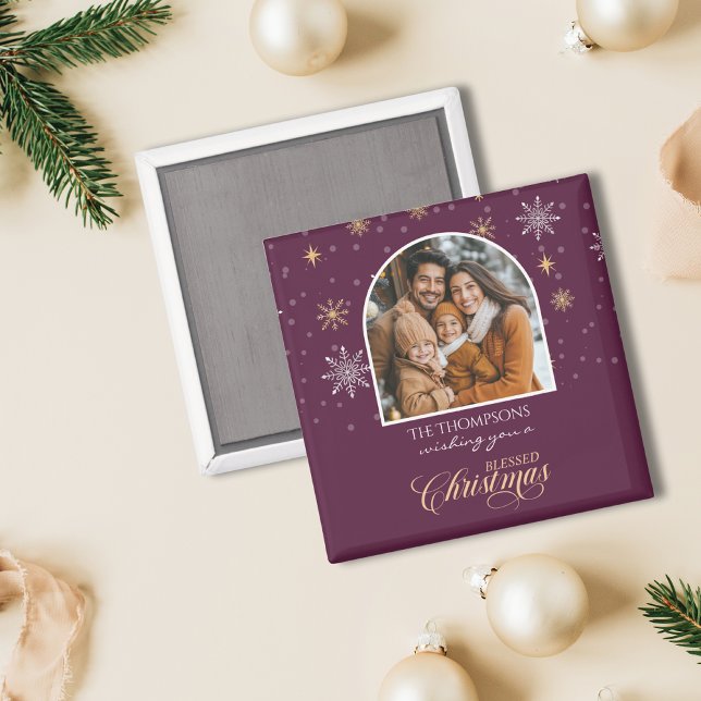 Moderne Winterschneeflocken Foto Burgund Weihnacht Magnet (Von Creator hochgeladen)