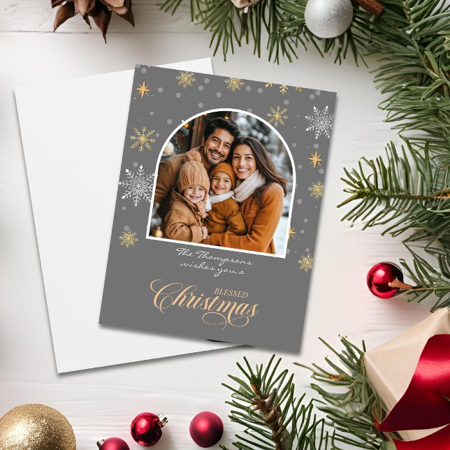 Moderne Winterschneeflocken Foto Grau Weihnachten Karte (Von Creator hochgeladen)