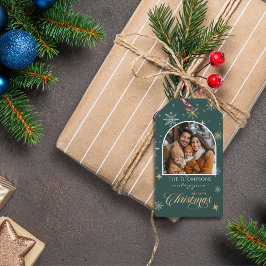 Moderne Winterschneeflocken Foto Grün Weihnachten Geschenkanhänger