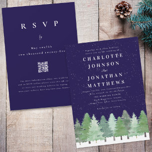 Moderne Winterwald Navyblaue QR-Code-Hochzeit Einladung