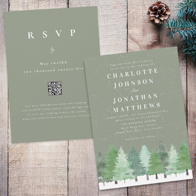 Moderne Winterwälder QR-Code Sage Green Wedding Einladung (Modern watercolor snowy Woodland forest sage green winter wedding qr code invitation)