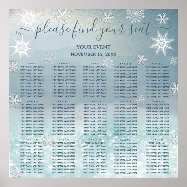 Moderne Winterwunderland-Sitzkarte 15 Tische Poster (Vorne)