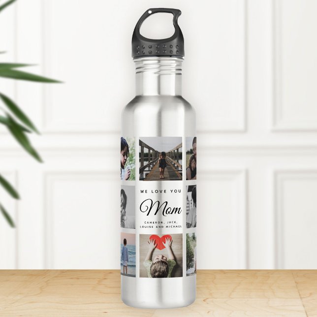 Moderne WIR LIEBE SIE MAMA FotoCollage Cool Edelstahlflasche (Silver water bottle on a wooden surface featuring family photos and the text "We love you Mom" )