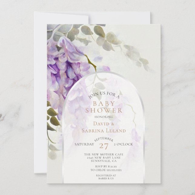 Moderne Wisteria Floral Watercolor Babydusche Einladung (Vorderseite)