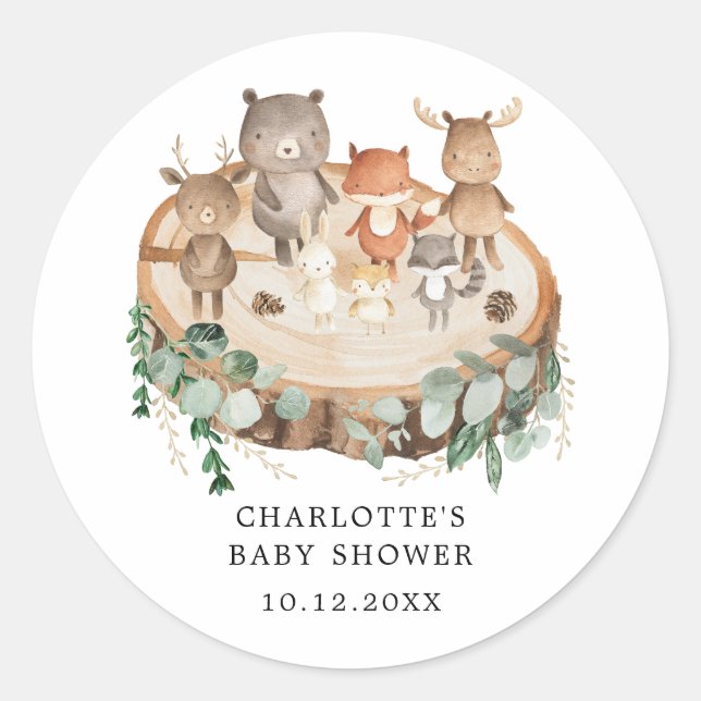 Moderne Woodland Animals Grüne Kinderdusche Runder Aufkleber (Vorderseite)