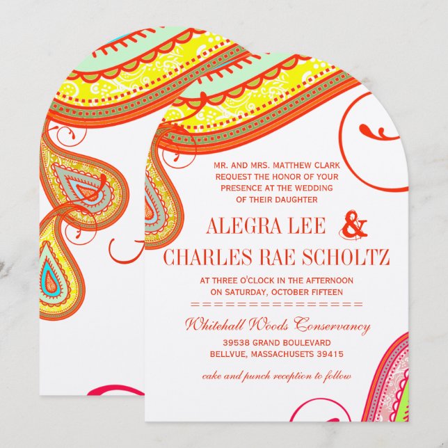 Moderne Yellow Orange Aqua Mint Paisley Wedding Einladung (Vorne/Hinten)