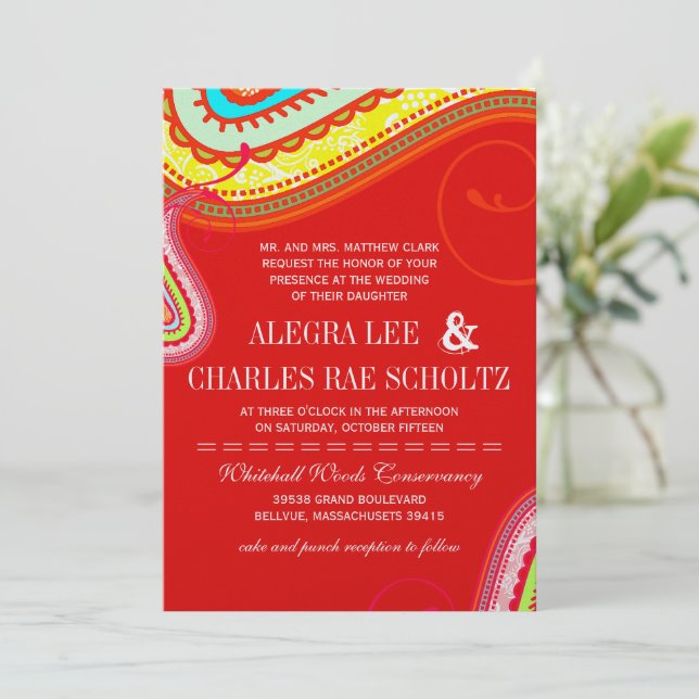 Moderne Yellow Orange Aqua Mint Red Paisley Weddin Einladung (Stehend Vorderseite)