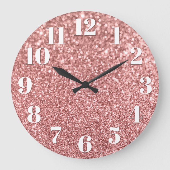 Moderne Zahlen Imitate Funkelnd Rose Gold Glitzer Große Wanduhr (Vorderseite)