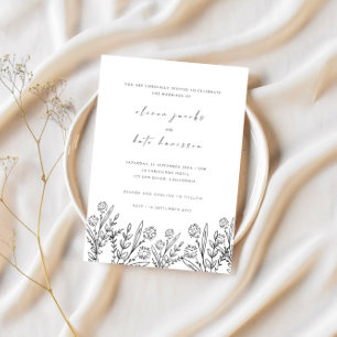 Moderne, zarte Wildblume Schwarz & Weiß Hochzeit Einladung