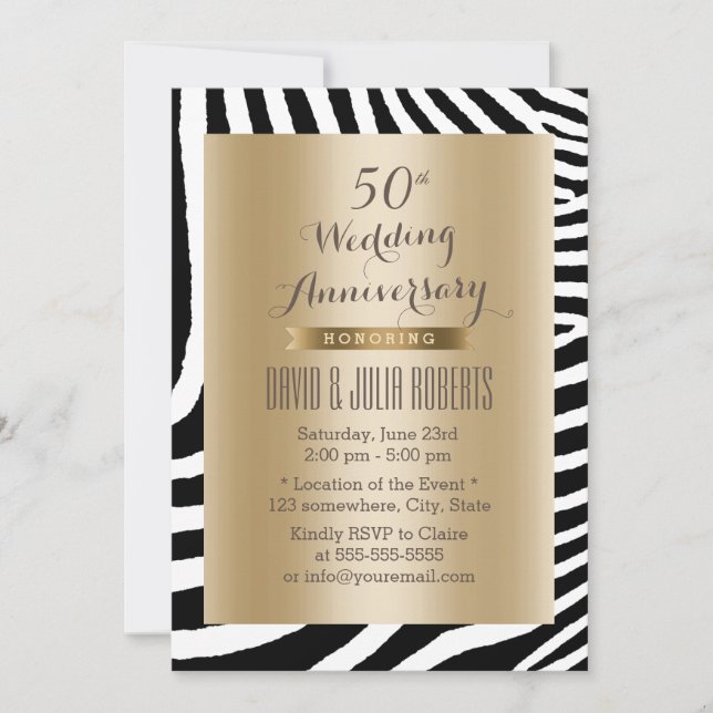 Moderne Zebra Stripes Gold 50 Jahre Hochzeit Einladung (Vorderseite)