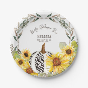 Moderne Zebra White Pumpkin Sunflowers Baby Dusche Pappteller
