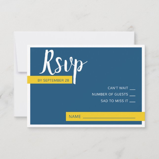 Moderne zeitgenössische blaue und gelbe Hochzeit m RSVP Karte (Vorderseite)