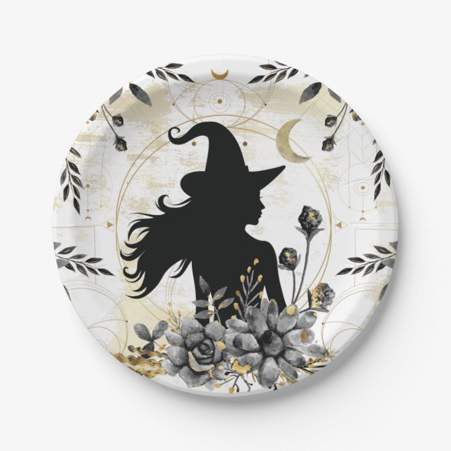Moderne zeitgenössische Halloween-Hexe 3 Pappteller (Vorderseite)