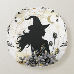 Moderne zeitgenössische Halloween-Hexe 3 Rundes Kissen