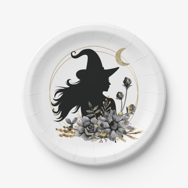 Moderne zeitgenössische Halloween-Hexe Pappteller (Vorderseite)