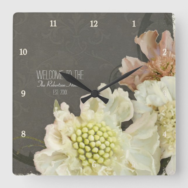 Moderne, zeitgenössische Pinzette-Blume Quadratische Wanduhr (Vorderseite)