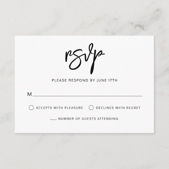 Moderne zeitgenössische Schwarz-weiße Hochzeit RSVP Karte (Vorderseite)