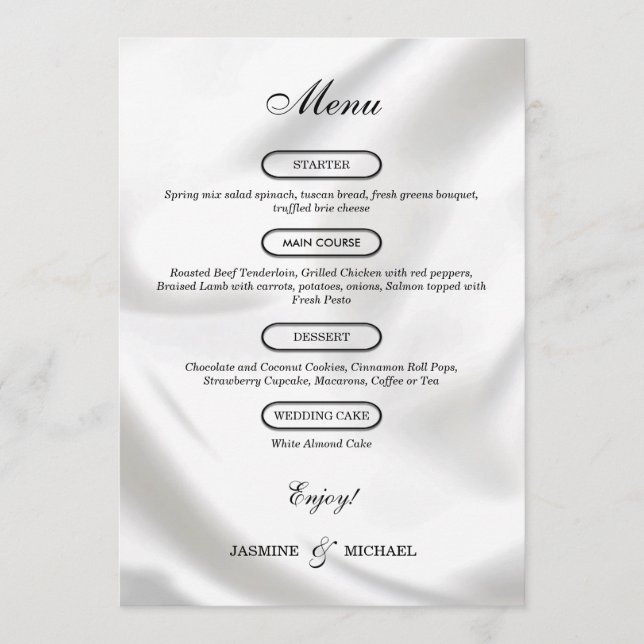 Moderne zeitlose Luxus Textur Hochzeitsschick Weiß Menükarte (Vorderseite)