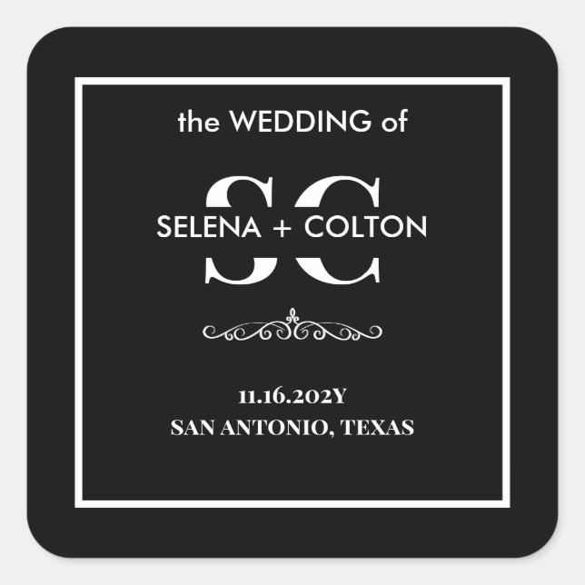 Moderne zeitlose Schwarz-Weiß-Hochzeitsticker Quadratischer Aufkleber (Vorderseite)