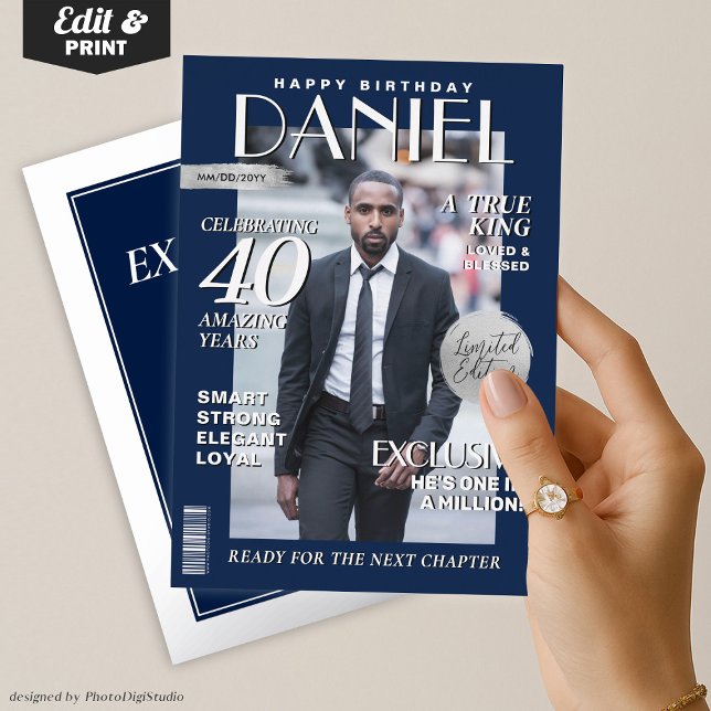 Moderne Zeitschriftenabdeckung für Geburtstage, Po Folieneinladung (Modern Birthday Custom Magazine Cover, Portrait Foil Invitation Blue and Silver)