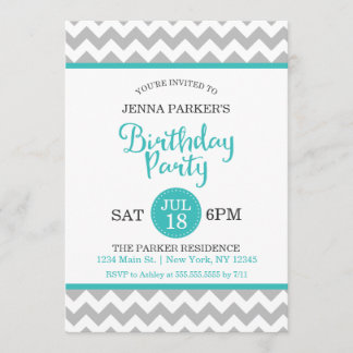 Moderne Zickzack Geburtstagsparty in Grau und Türk Einladung