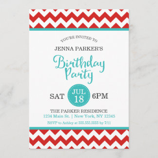Moderne Zickzack Geburtstagsparty in Rot und Türki Einladung