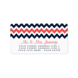 Moderne Zickzack Hochzeitskollektion Navy & Coral Adressaufkleber