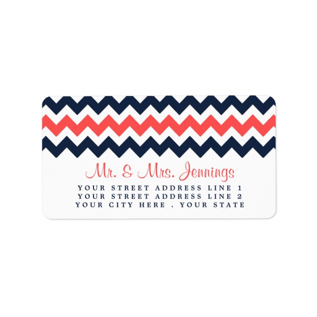 Moderne Zickzack Hochzeitskollektion Navy & Coral Adressaufkleber (Vorne)
