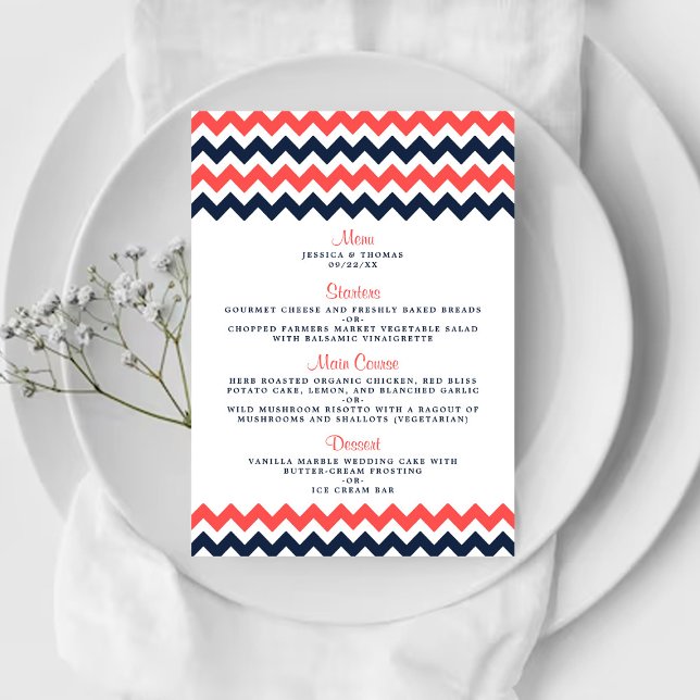 Moderne Zickzack Hochzeitskollektion Navy & Coral Menükarte (Von Creator hochgeladen)