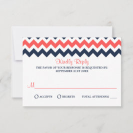 Moderne Zickzack Hochzeitskollektion Navy & Coral RSVP Karte