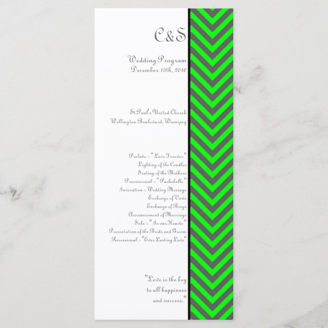 Moderne Zickzack Neon Green/Gray Hochzeitsprogramm Programm (Vorderseite)