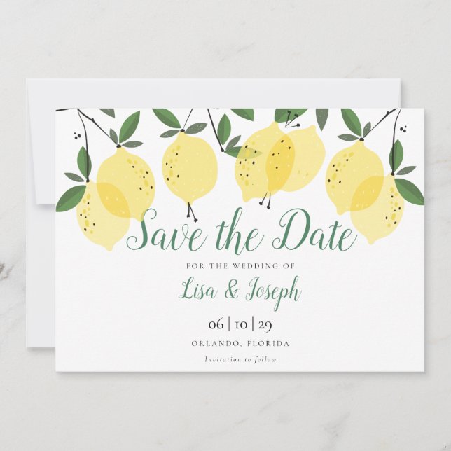 Moderne Zitronen Elegantes Skript Save The Date (Vorderseite)