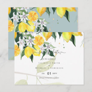 Moderne Zitronenbaum-Hochzeit spart das Datum Postkarte