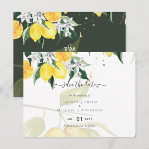 Moderne Zitronenbaum-Hochzeit spart das Datum Postkarte